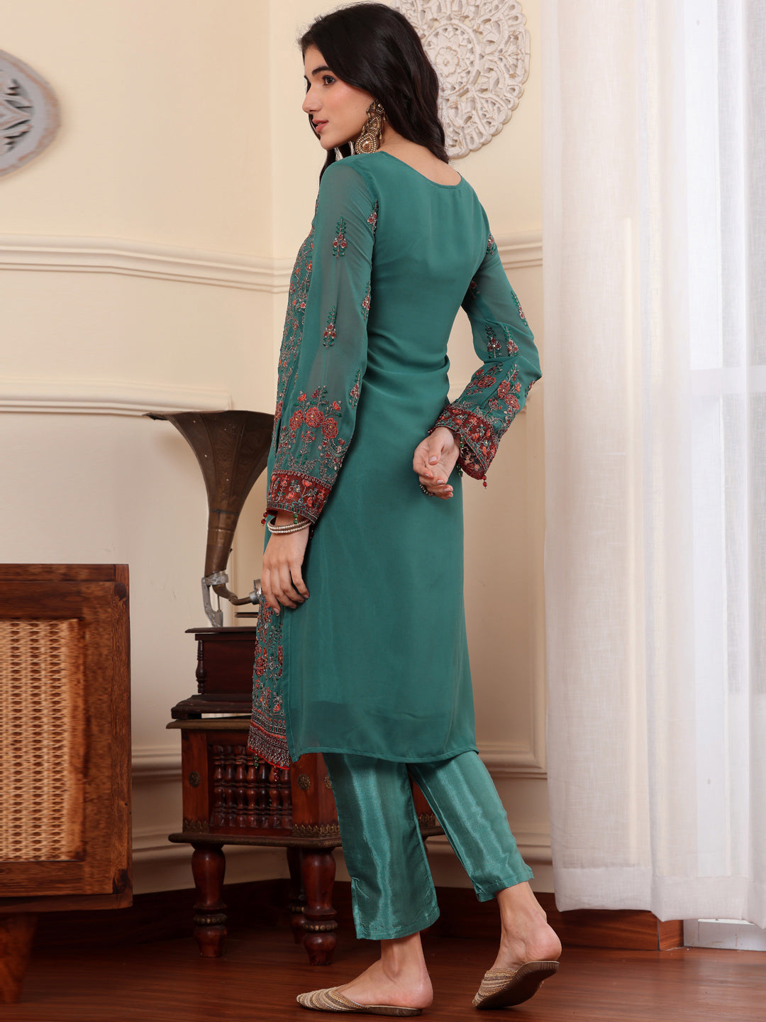 Resham Zari Georgette India Suit in Rama Green & Dupatta Set-750037