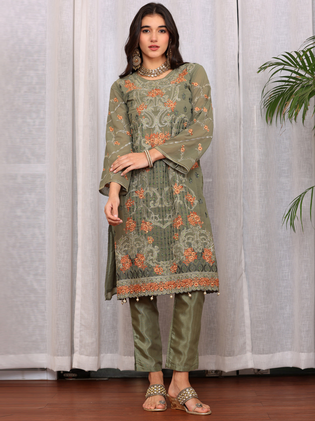 Resham Zari Georgette India Suit in Pink & Dupatta Set-750039