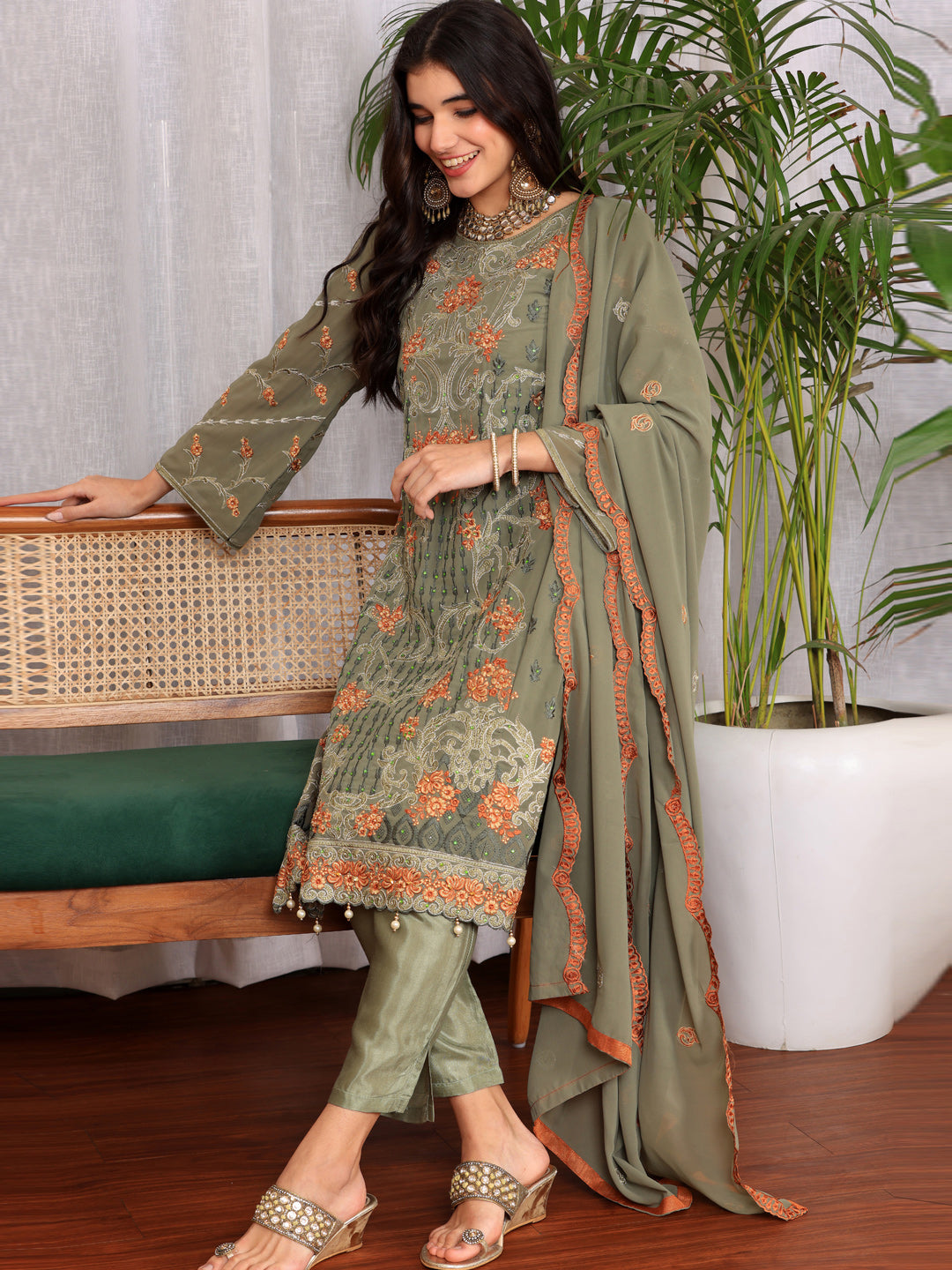 Resham Zari Georgette India Suit in Pink & Dupatta Set-750039