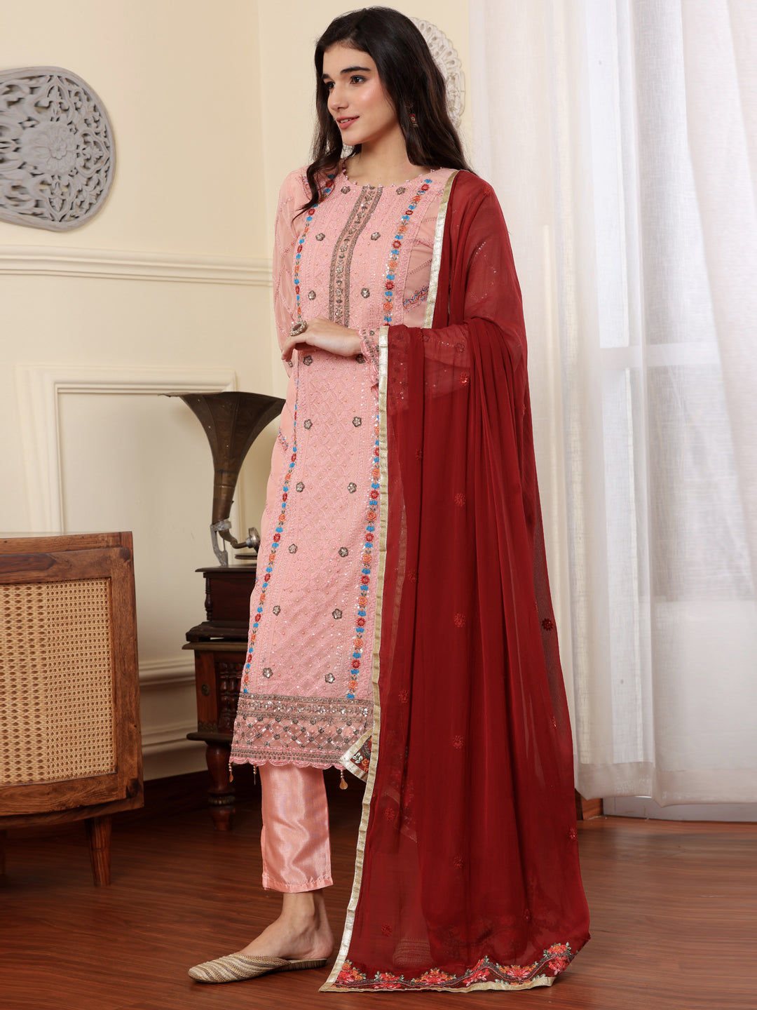 Resham Zari Georgette India Suit in Pink & Dupatta Set-750040