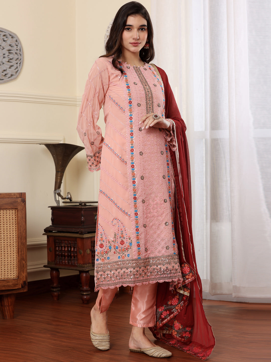 Resham Zari Georgette India Suit in Pink & Dupatta Set-750040