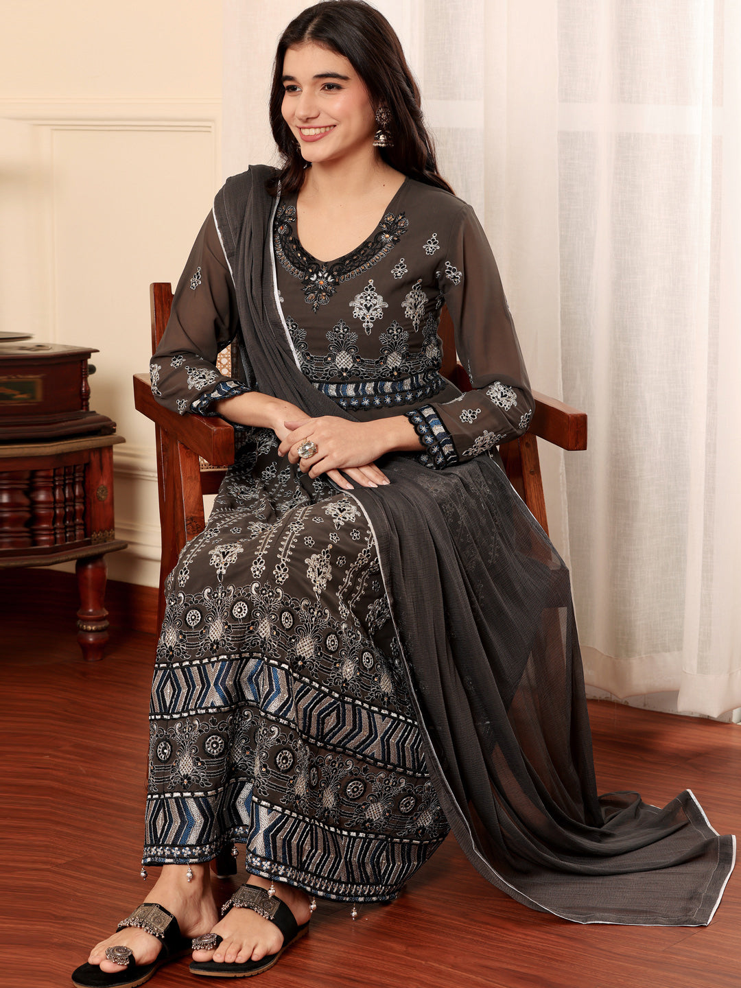 Resham Zari Georgette India Suit in Grey & Dupatta Set-750041
