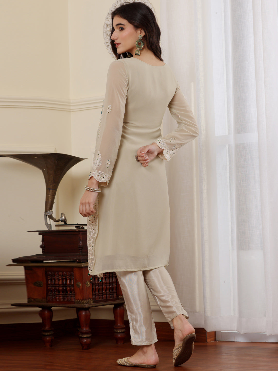 Resham Zari Georgette India Suit in Beign & Dupatta Set-750043