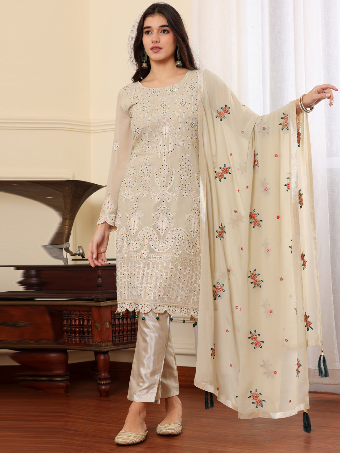 Resham Zari Georgette India Suit in Beign & Dupatta Set-750043