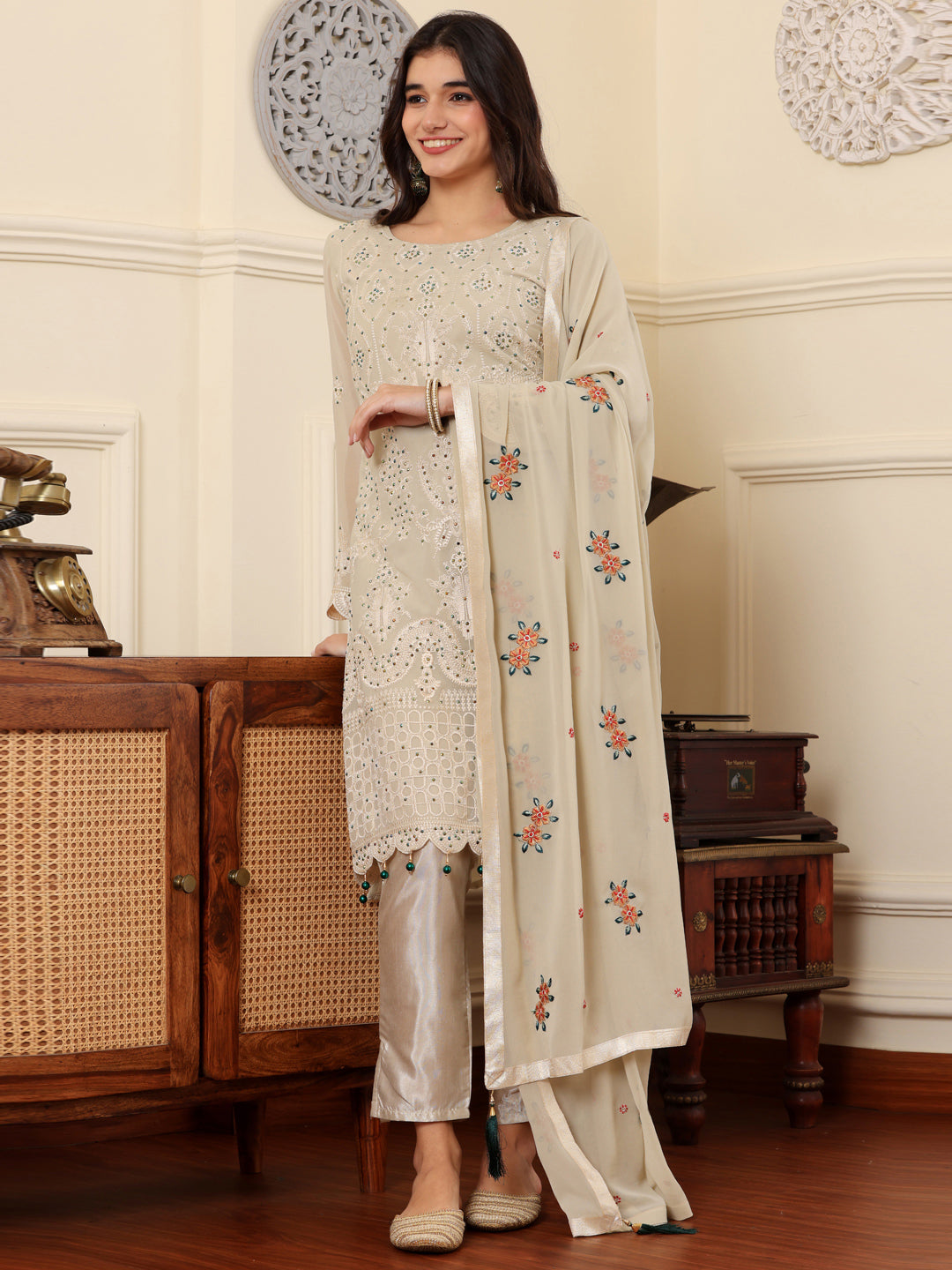 Resham Zari Georgette India Suit in Beign & Dupatta Set-750043