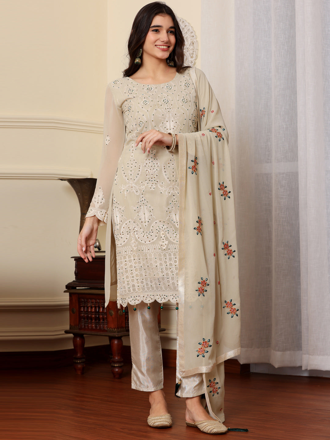 Resham Zari Georgette India Suit in Beign & Dupatta Set-750043