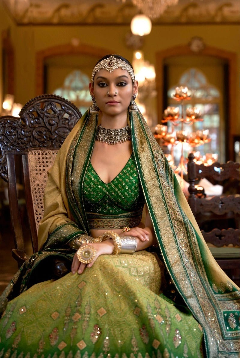 Mirror Work Art Silk Bridal Lehenga in Olive Green