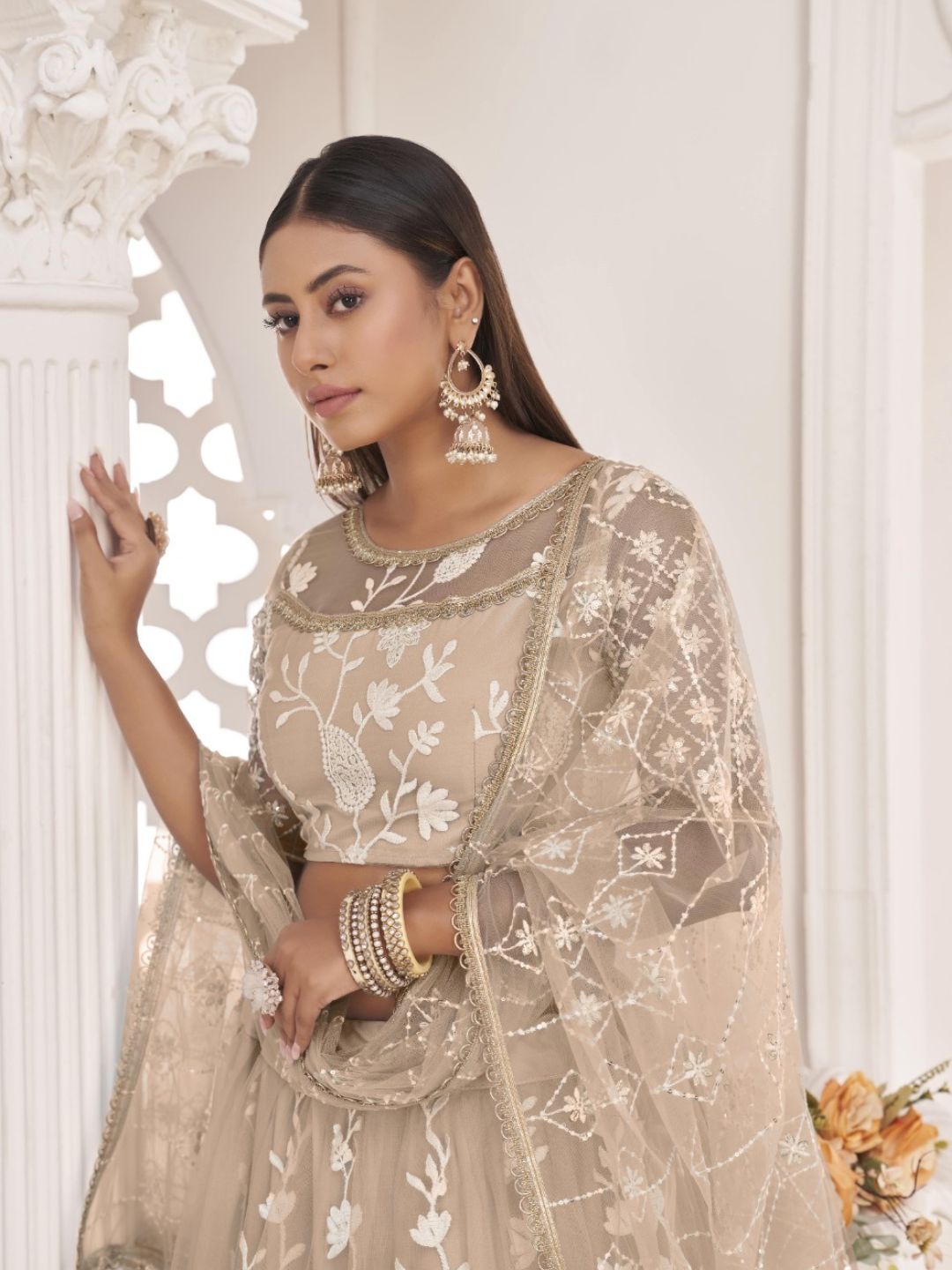 Embroidered Net Lehenga in Beige