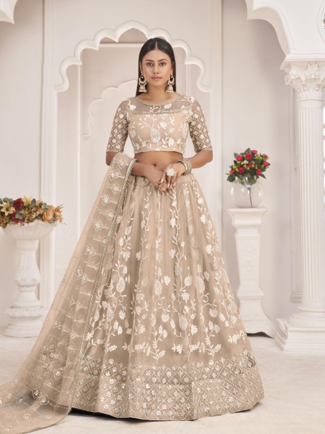 Embroidered Net Lehenga in Beige