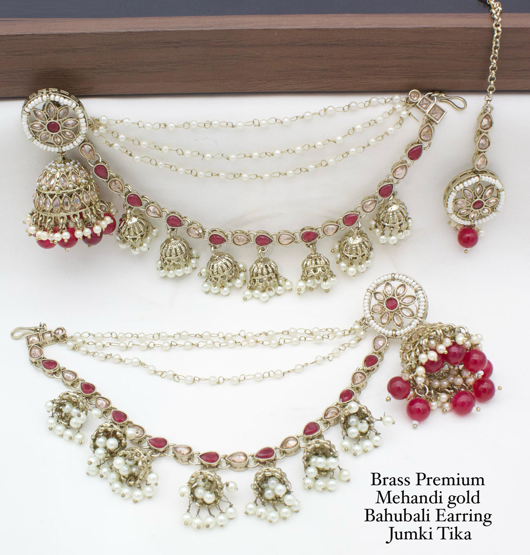 Brass Premium quality Mehandi Gold Bahubali Earring jumki tika set-301147
