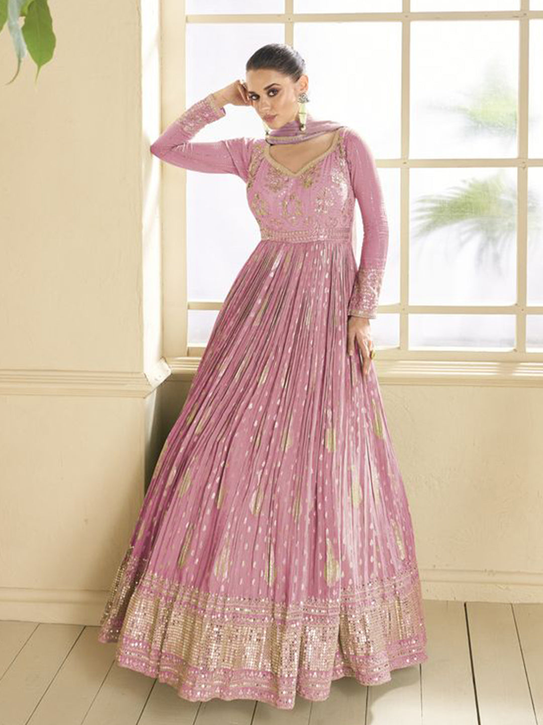 Silk Jacquard Festive Semi Stitched Gown in Pink with Zari work-750063