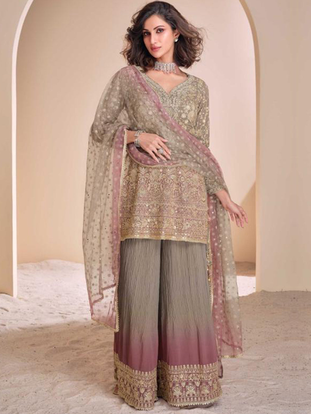 Georgette Festive Readymade Salwar Kameez in Grey with Zari work-750046