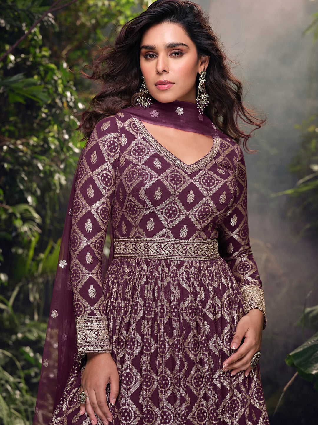 Simar Jacquard Festive Readymade Gown in Purple with Zari work-750058