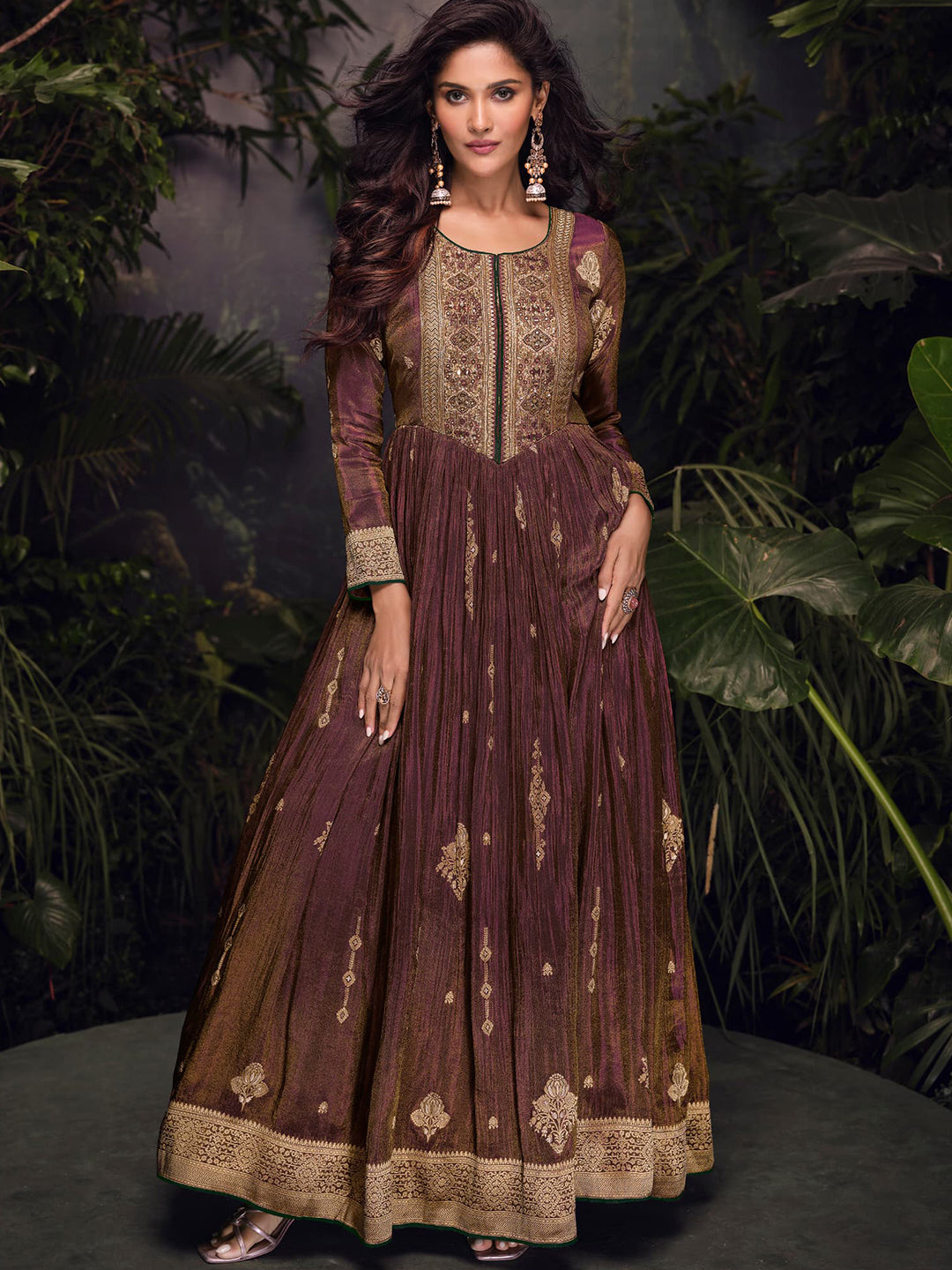 Simar Jacquard Festive Readymade Gown in Brown with Zari work-750059 Saundaryam Fashions Simar Jacquard Festive Readymade Gown in Brown with Zari work-750059 Saundaryam Fashions