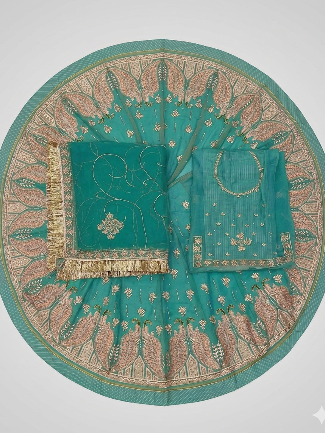 Green Half Pure Rajputi Poshak with Traditional Lafa and Sequence Work-91924