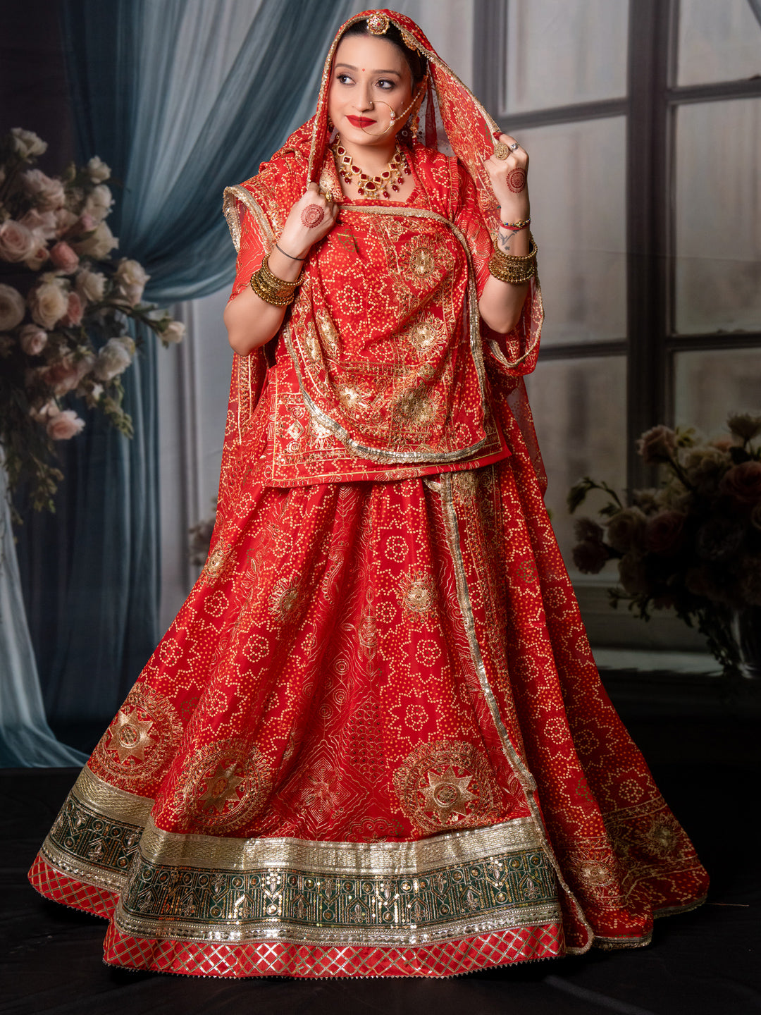 7 Miter full Gher Vintage Georgette Premium quality Bridal Rajputi Poshak In Red color-91480(Copy)