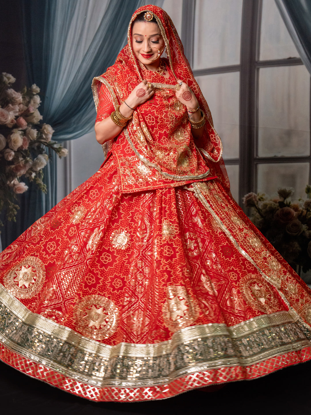 7 Miter full Gher Vintage Georgette Premium quality Bridal Rajputi Poshak In Red color-91480(Copy)