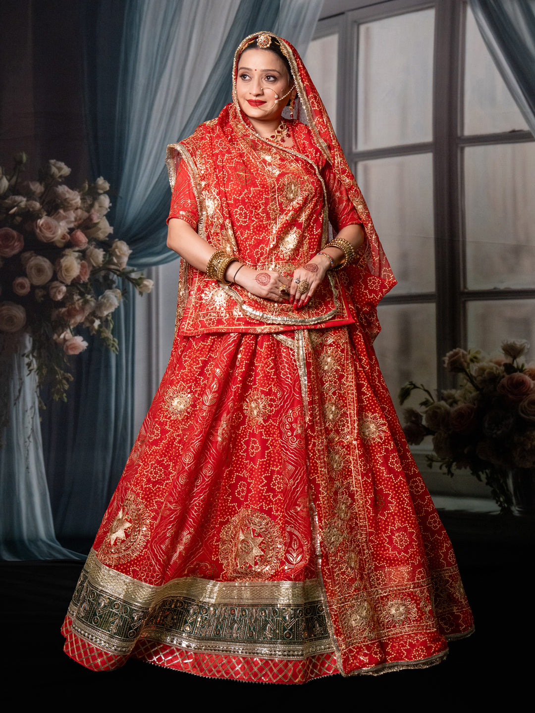7 Miter full Gher Vintage Georgette Premium quality Bridal Rajputi Poshak In Red color-91480(Copy)