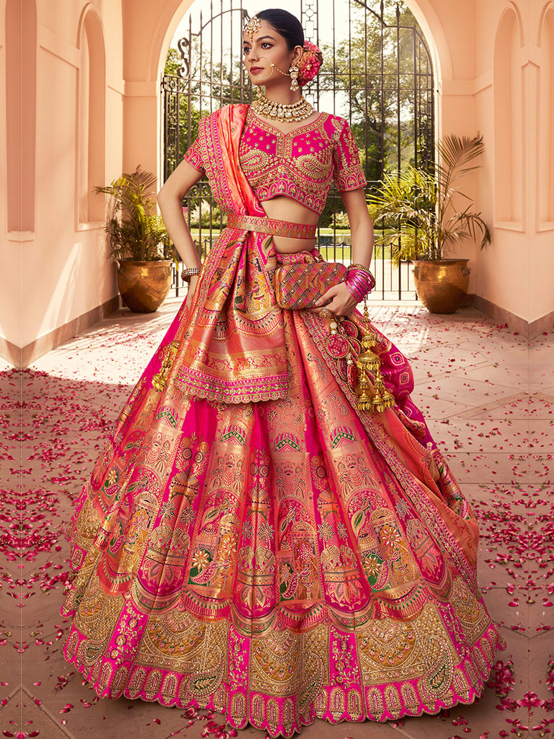 Banarasi Silk Bridal Lehenga with Embroidered Work in Pink Color -41083