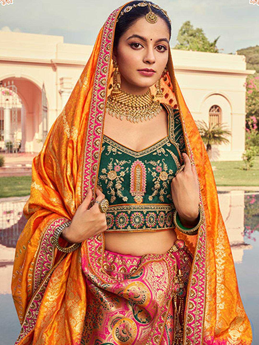 Banarasi Silk Bridal Lehenga with Embroidered Work in Yellow and Pink Color -41086