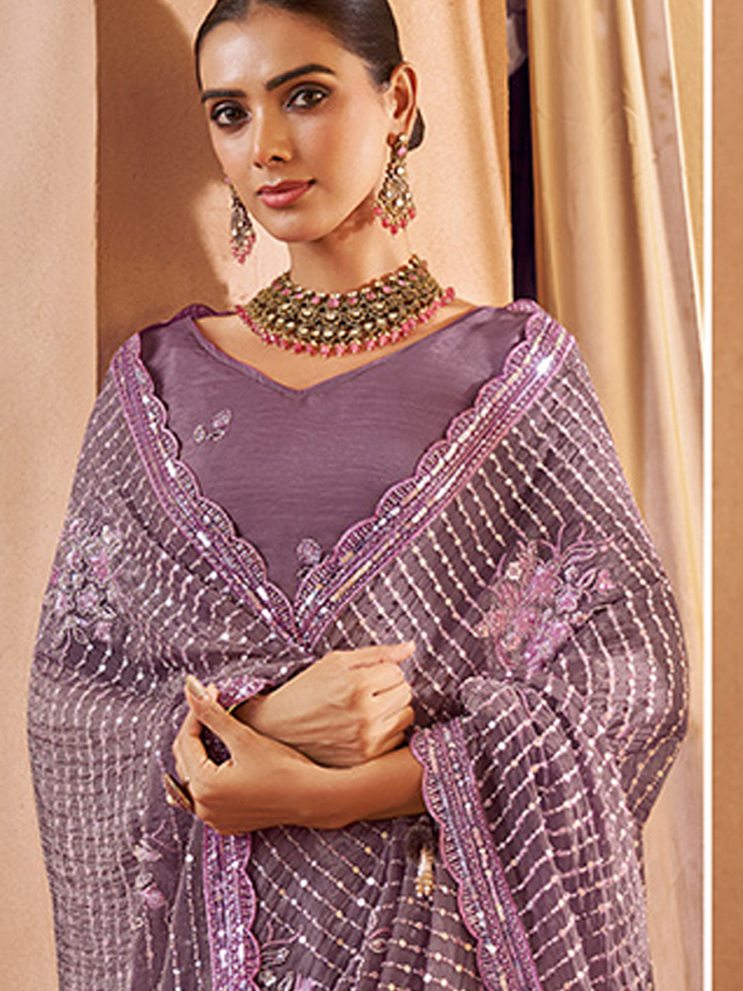 Tissue with Beads Work wedding Saree in Purple color-41032