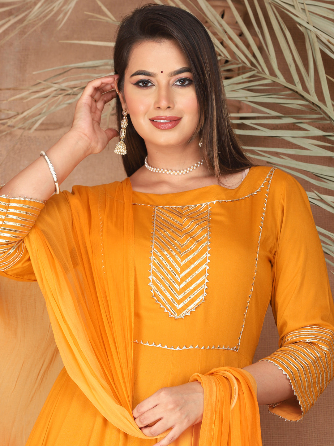 Orange Anarkali Rayon Kurta Pant Set with Chiffon Dupatta –3 Piece Salwar Kameez-750070