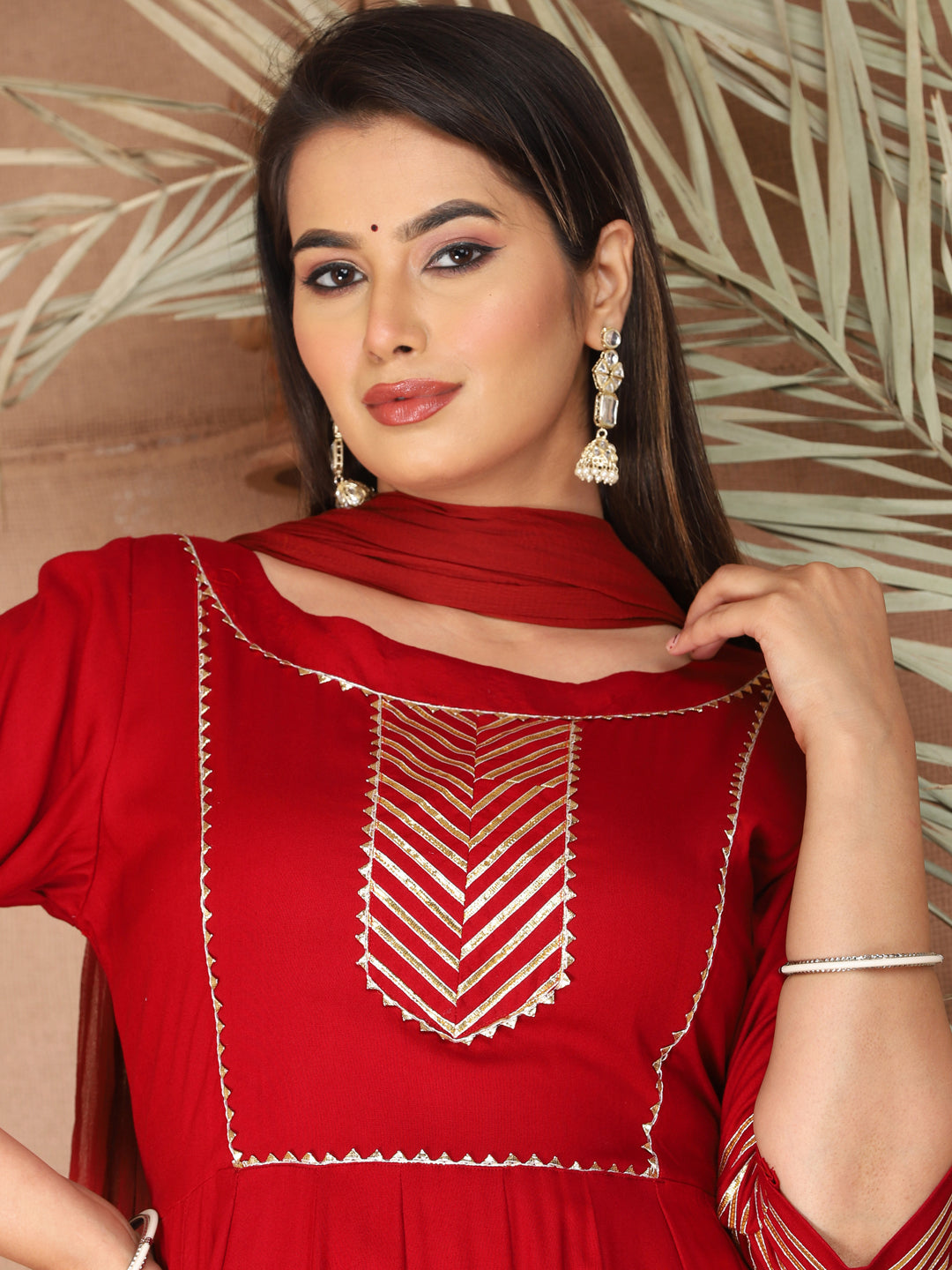 Red Anarkali Rayon Kurta Pant Set with Chiffon Dupatta –3 Piece Salwar Kameez