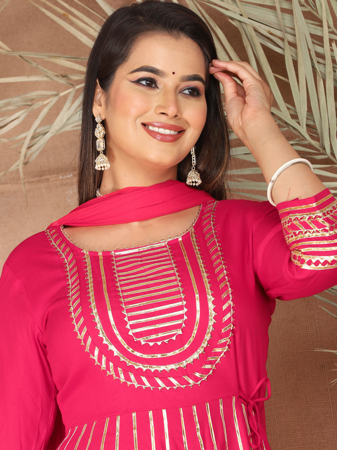 Pink Gota Patti Work Anarkali Primum Rayon Kurta Pant Set with Chiffon Dupatta –3 Piece Salwar Kameez-750083