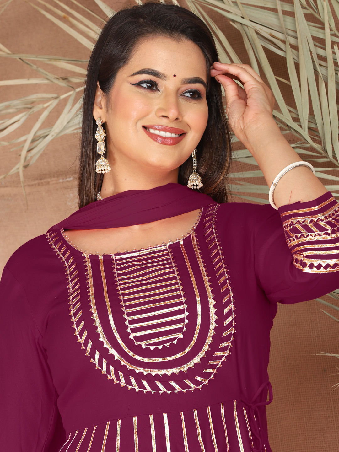Purple Gota Patti Work Anarkali Primum Rayon Kurta Pant Set with Chiffon Dupatta –3 Piece Salwar Kameez-750087
