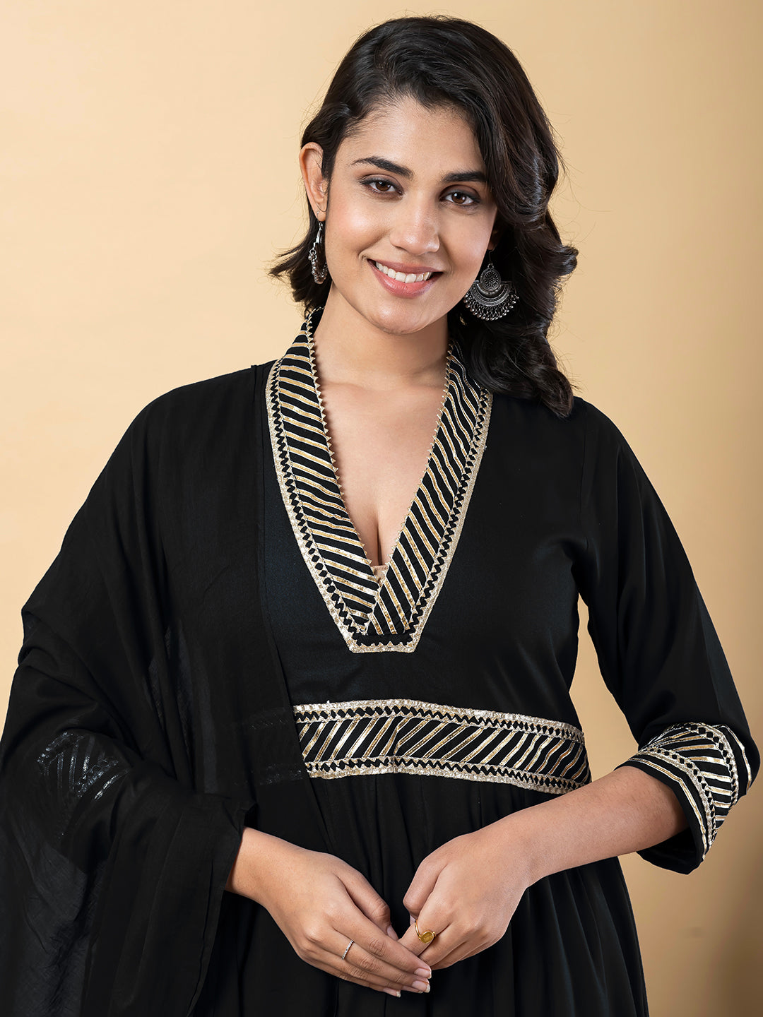 Black Gota Patti Work Anarkali Premium Rayon Kurta Pant Set with Cotton Dupatta–3 Piece Salwar Kameez-750094