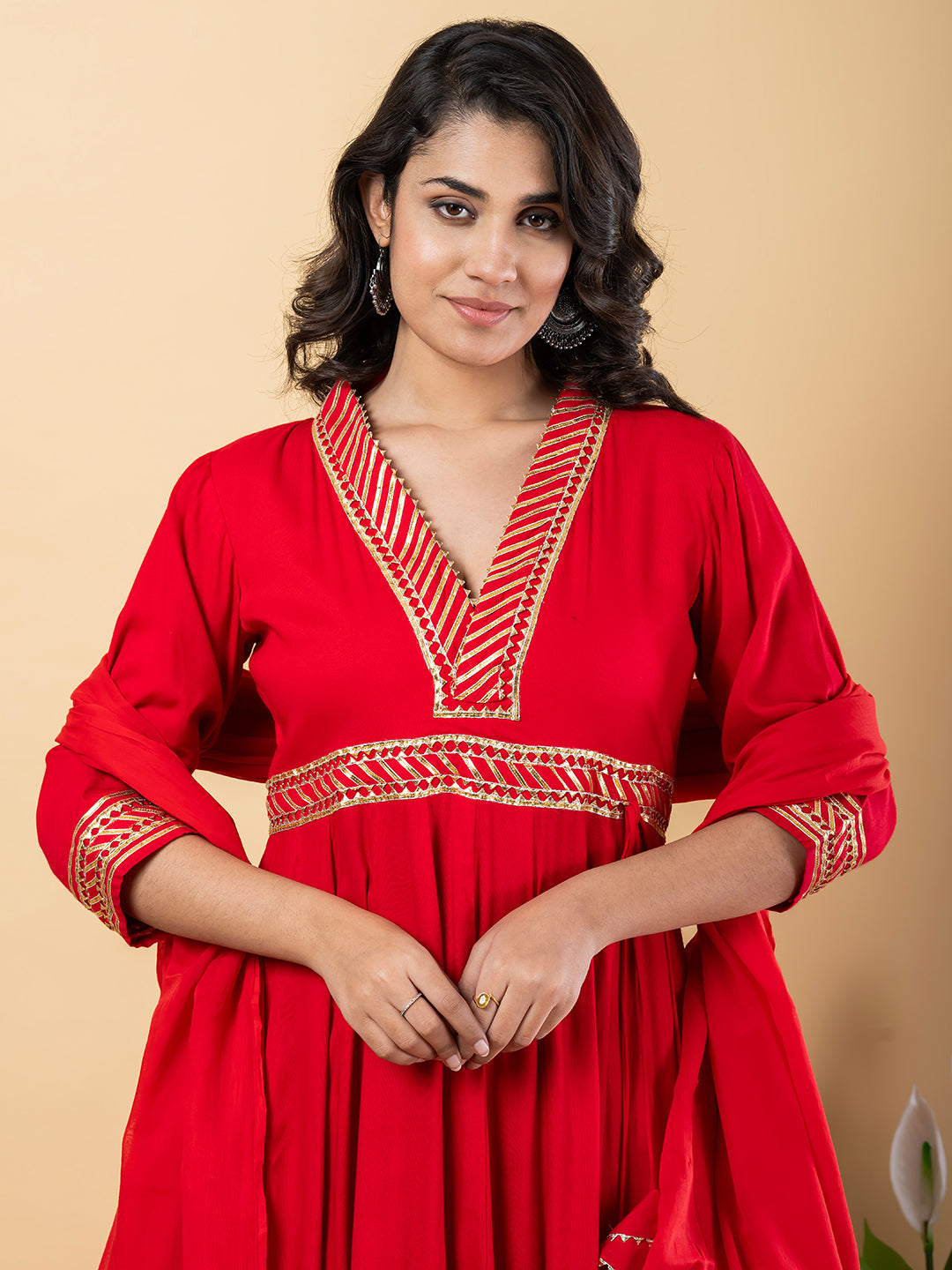 Red Gota Patti Work Anarkali Premium Rayon Kurta Pant Set with Cotton Dupatta–3 Piece Salwar Kameez-750099