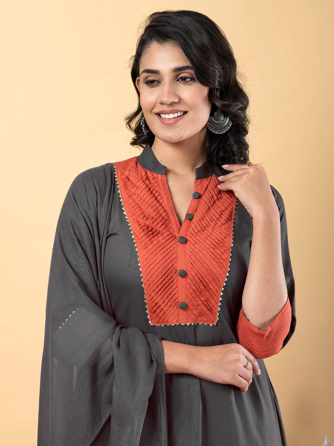 Grey Gota Patti Work Premium Rayon Kurta Pant Set with Cotton Dupatta–3 Piece Salwar Kameez Suit Set-750110