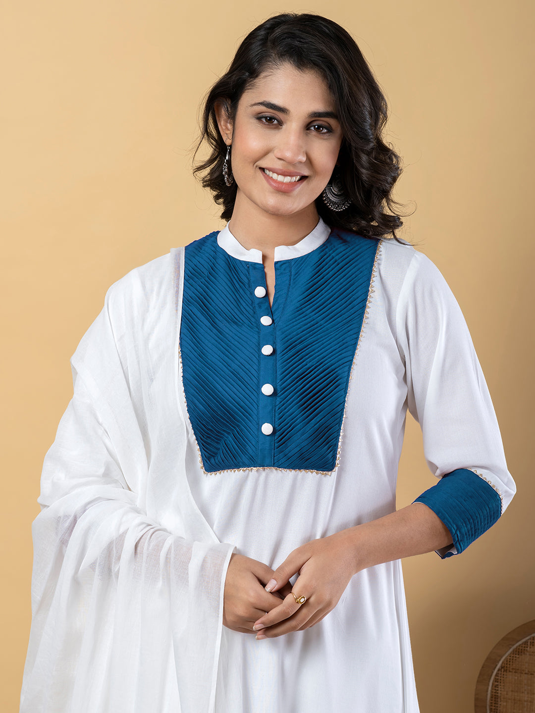 Blue white Gota Patti Work Premium Rayon Kurta Pant Set with Cotton Dupatta–3 Piece Salwar Kameez Suit Set-750114