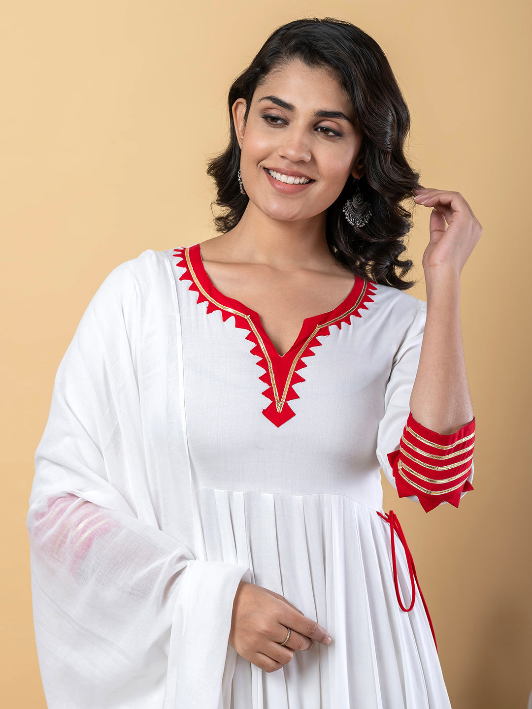 Red White Anarkali Premium Rayon Kurta Pant Set with Cotton Dupatta–3 Piece Ready to Wear Salwar Kameez Suit Set-750117