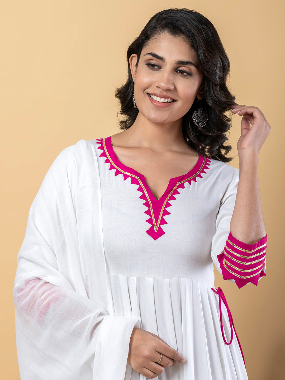 Pink White Anarkali Premium Rayon Kurta Pant Set with Cotton Dupatta–3 Piece Ready to Wear Salwar Kameez Suit Set-750121