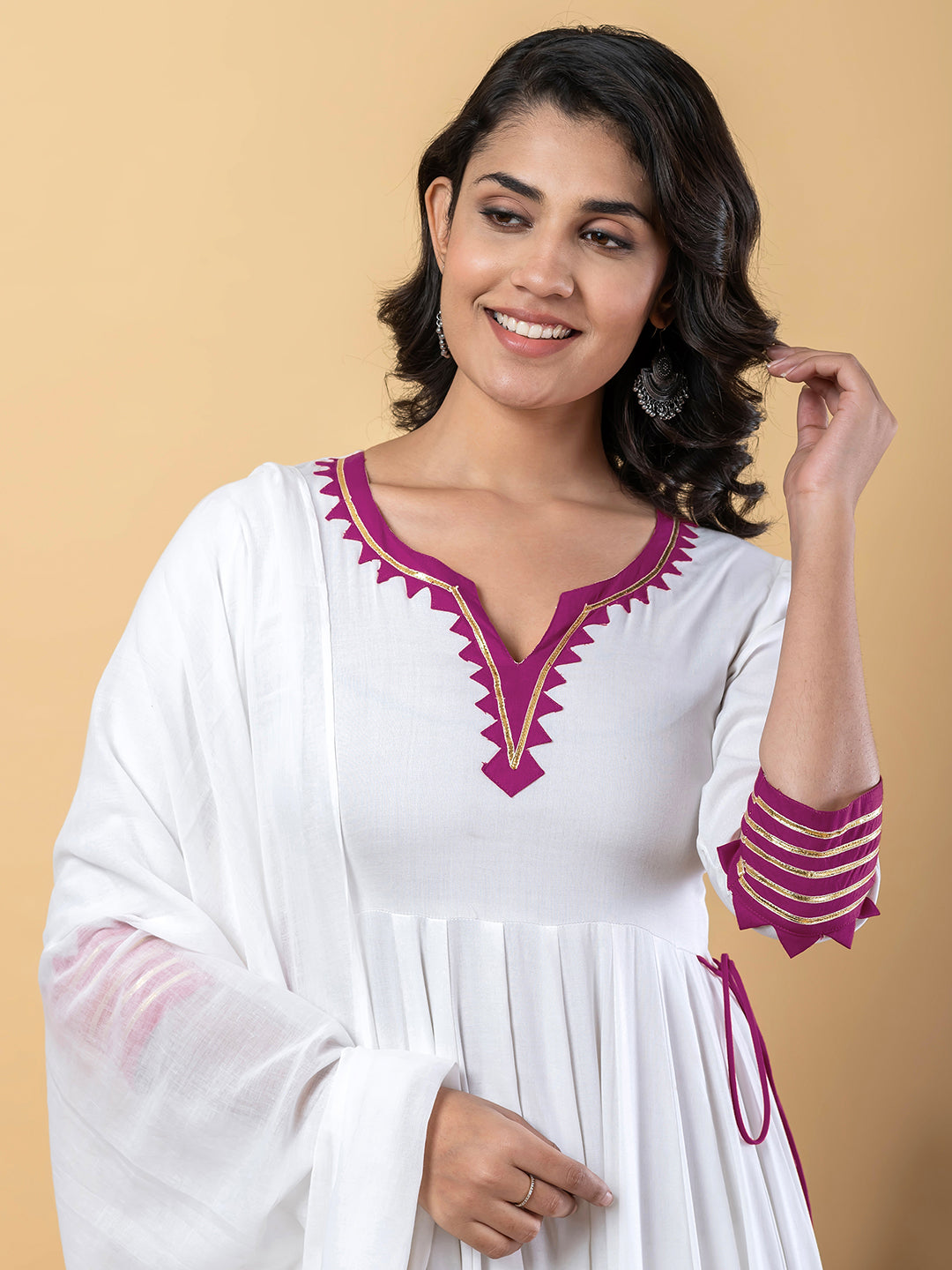 Purple White Anarkali Premium Rayon Kurta Pant Set with Cotton Dupatta–3 Piece Ready to Wear Salwar Kameez Suit Set-750123