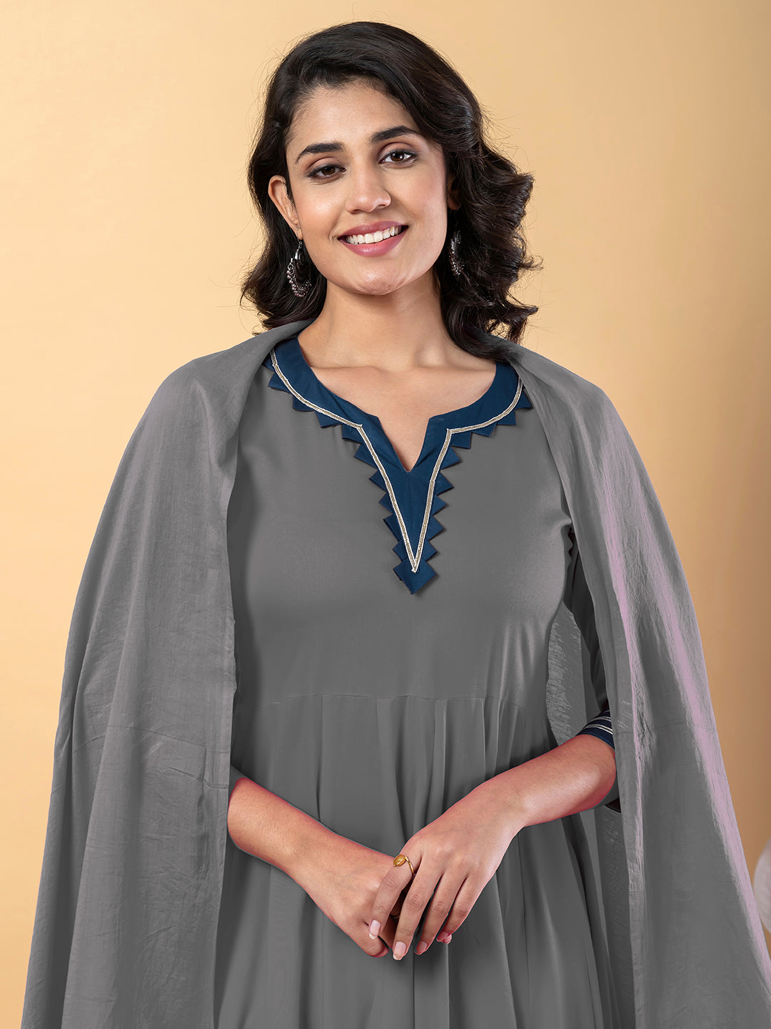 Grey Anarkali Premium Rayon Kurta Pant Set with Cotton Dupatta–3 Piece Ready to Wear Salwar Kameez Suit Set-750126