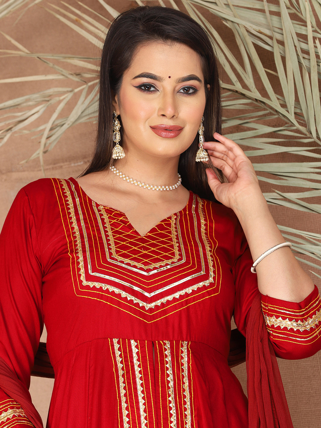 Red Anarkali Premium Rayon Kurta Pant Set with Cotton Dupatta Designer–3 Piece Ready to Wear Salwar Kameez Suit Set-750136
