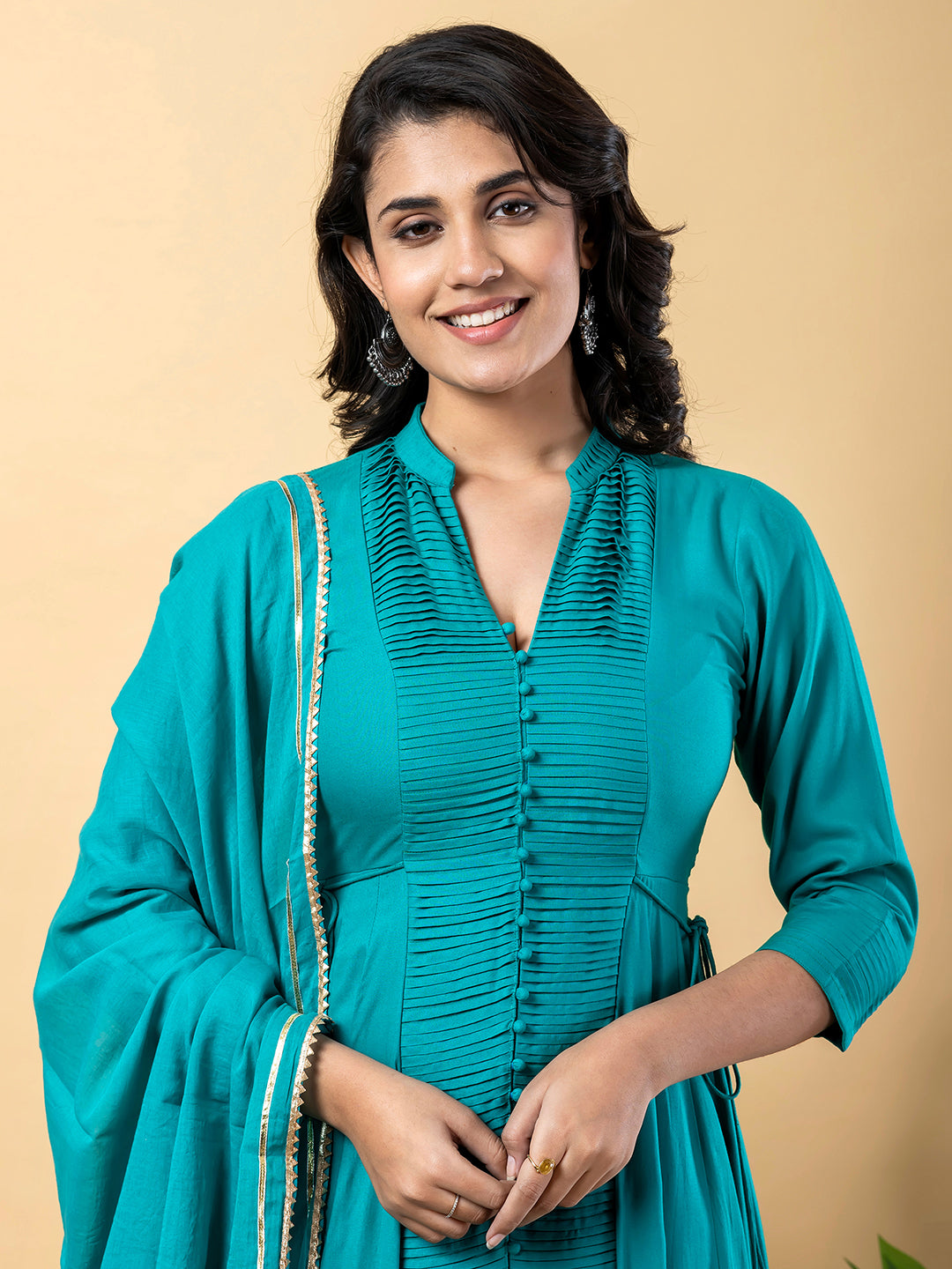 Turquoise Anarkali Premium Rayon Kurta Pant Set with Cotton Dupatta Designer–3 Piece Ready to Wear Salwar Kameez Suit Set-750141