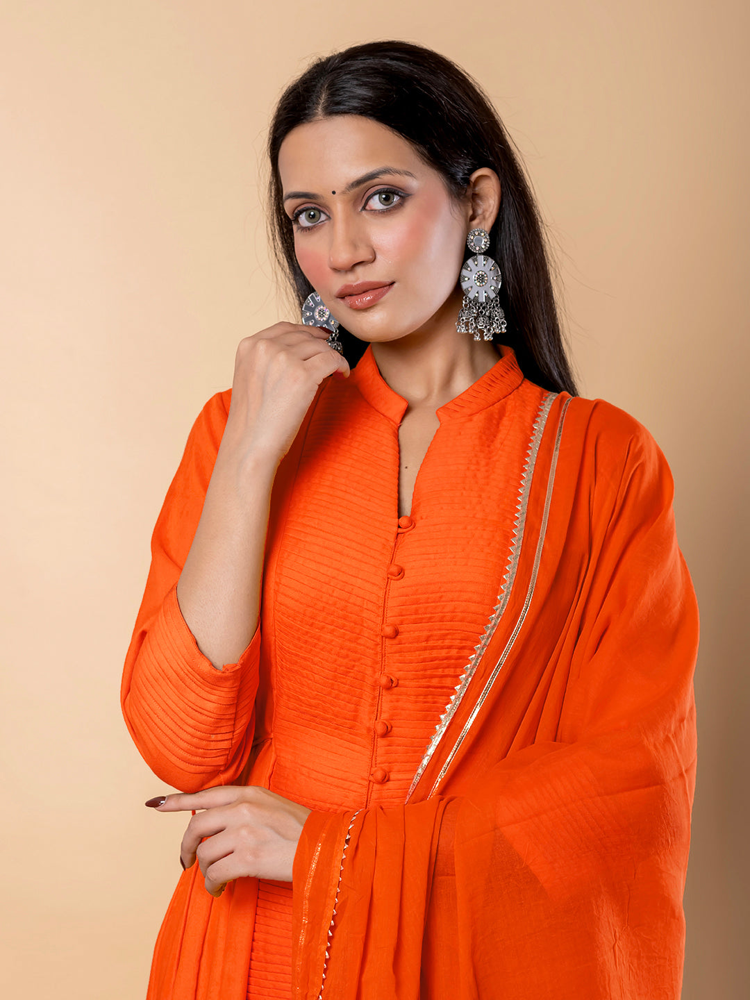 Orange Anarkali Premium Rayon Kurta Pant Set with Cotton Dupatta Designer–3 Piece Ready to Wear Salwar Kameez Suit Set-750145