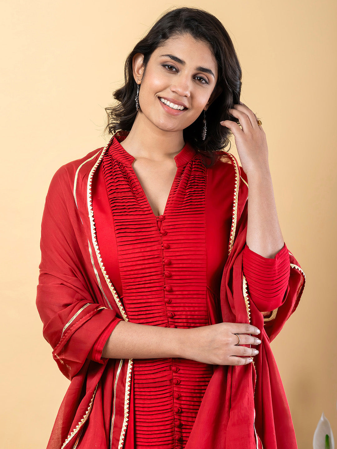 Red Anarkali Premium Rayon Kurta Pant Set with Cotton Dupatta Designer–3 Piece Ready to Wear Salwar Kameez Suit Set-750148