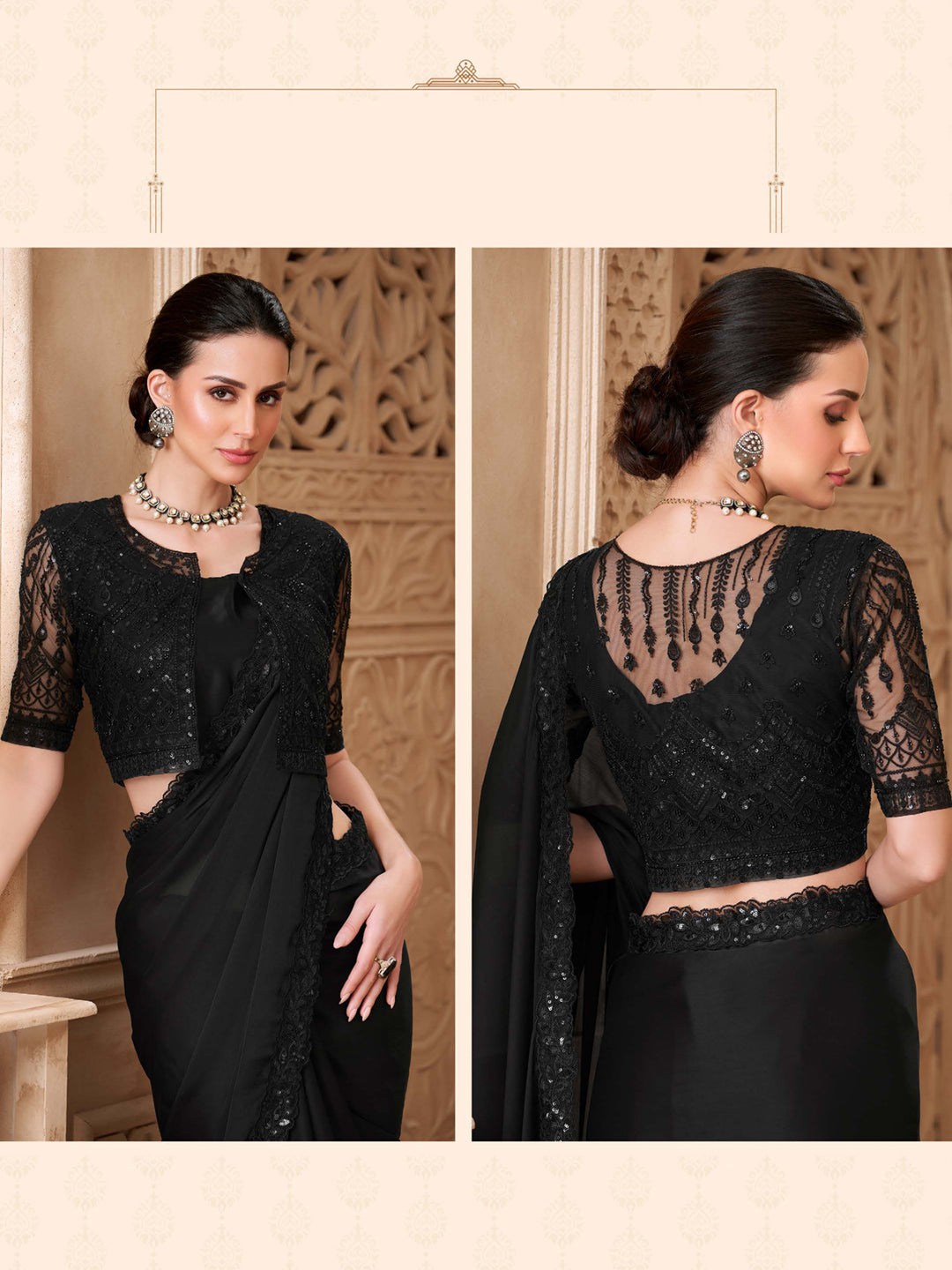 Black Sartin Georgette with Embroidered Saree-32005