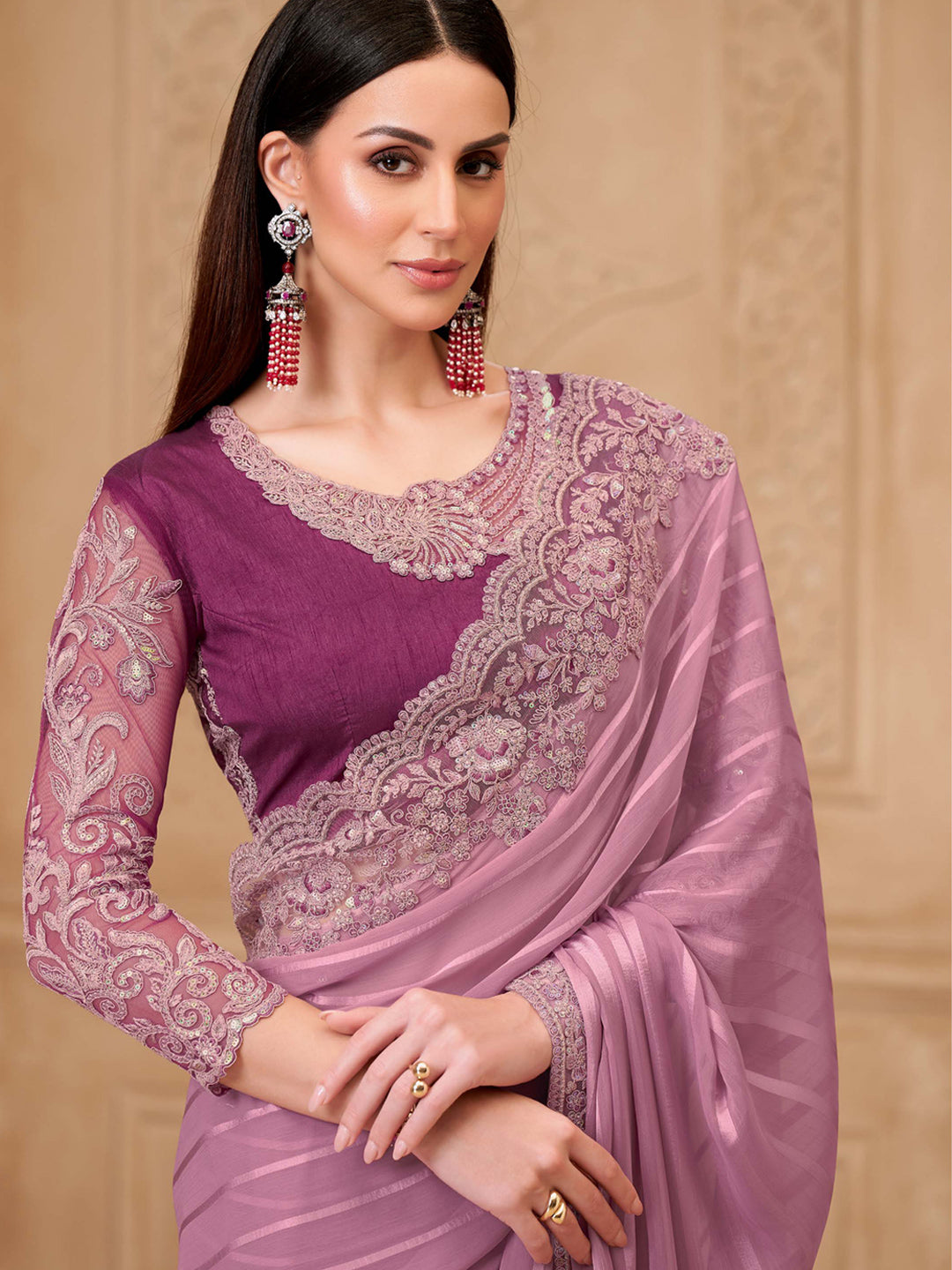 Onion Sartin Georgette with Embroidered Saree-32009