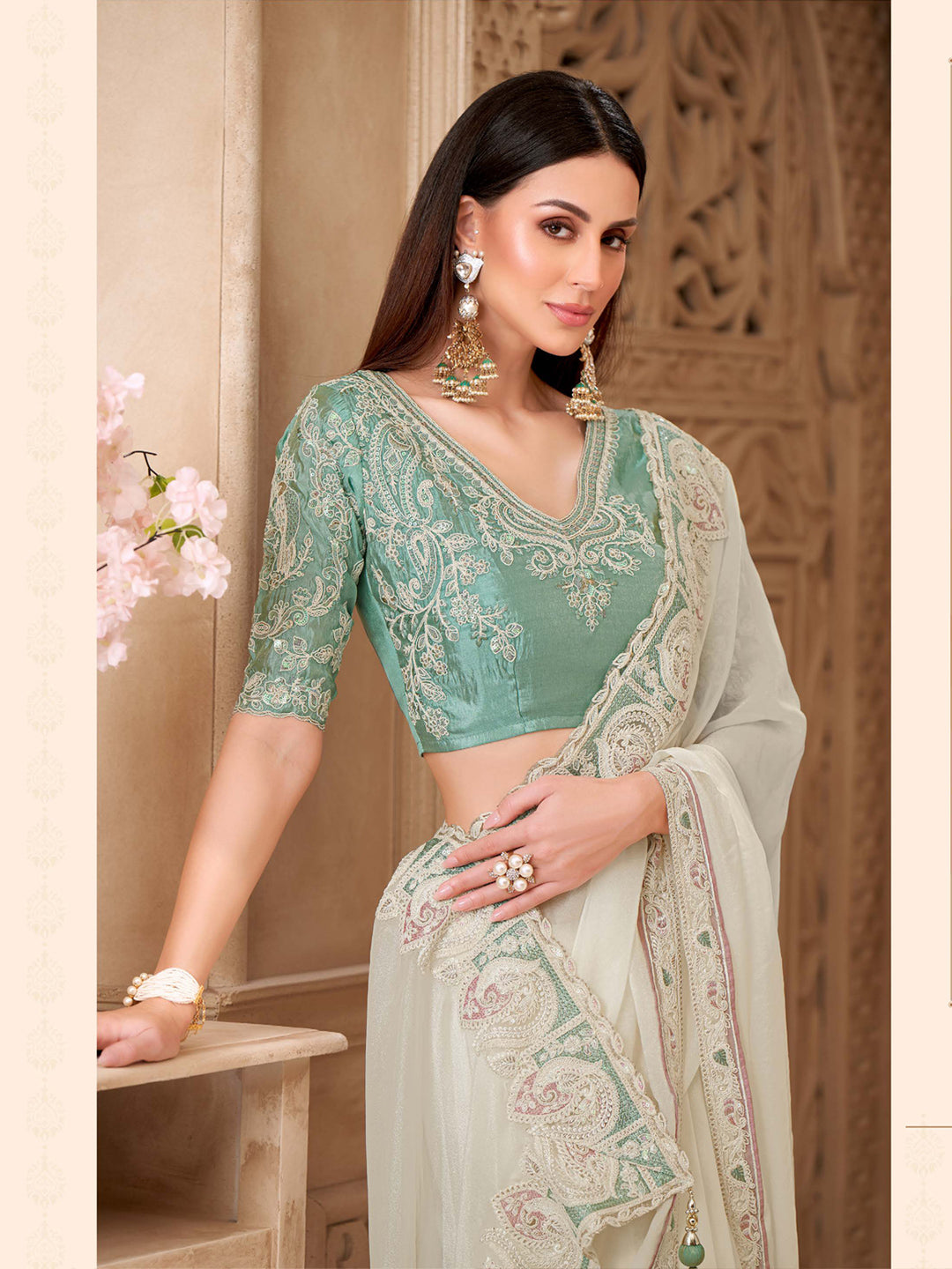 Powder White Georgette Silk with Embroidered Saree-32011