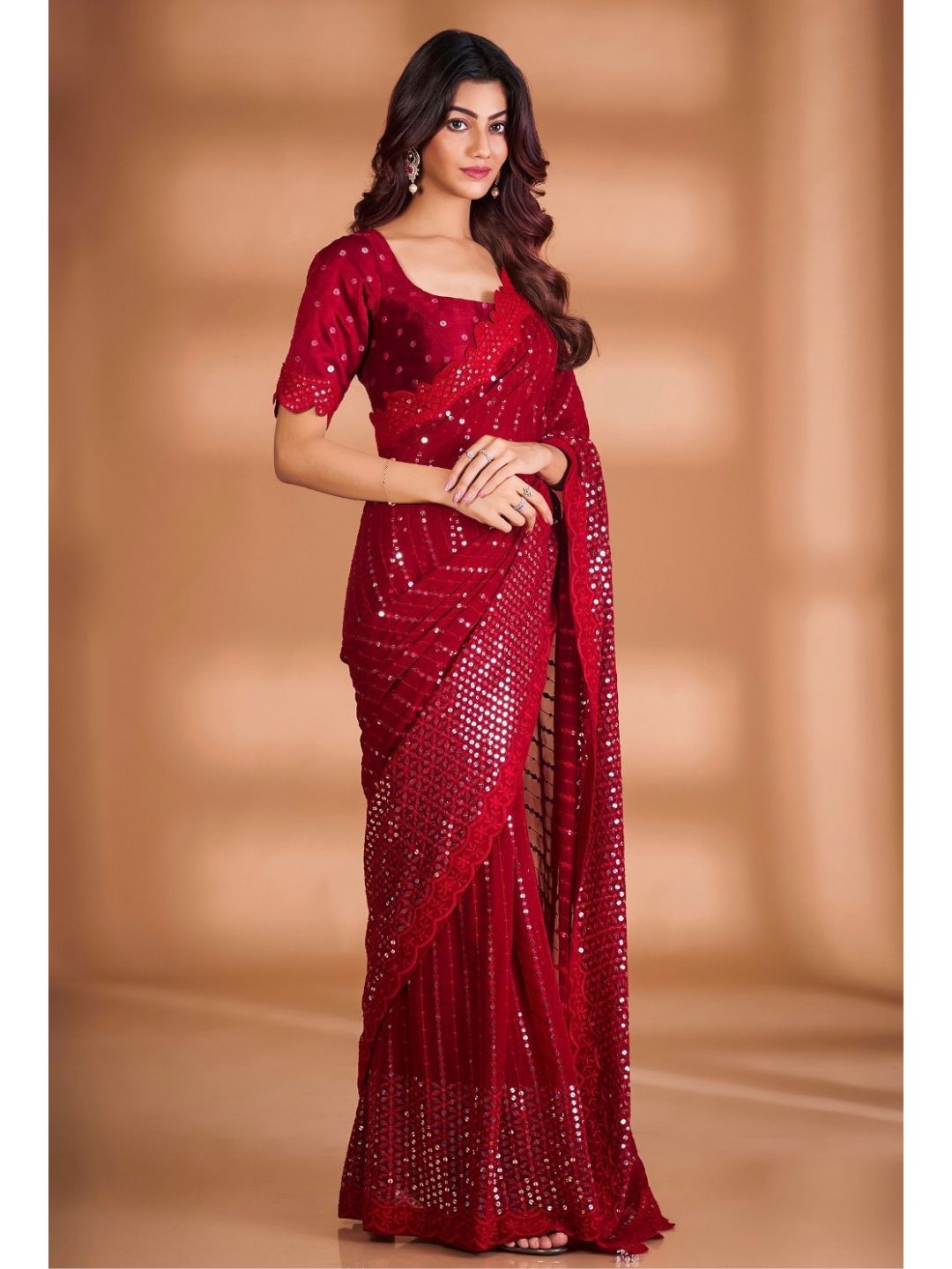 Sequins Georgette Fastive Saree In Maroon