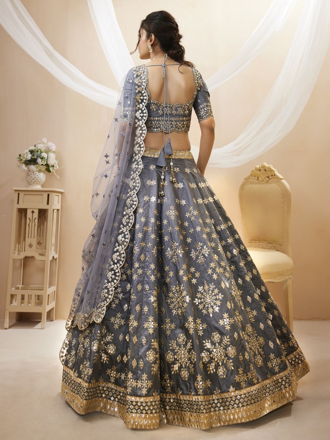 Georgette Bollywood Lehenga in Grey with Sequins Zari Embroidery Work