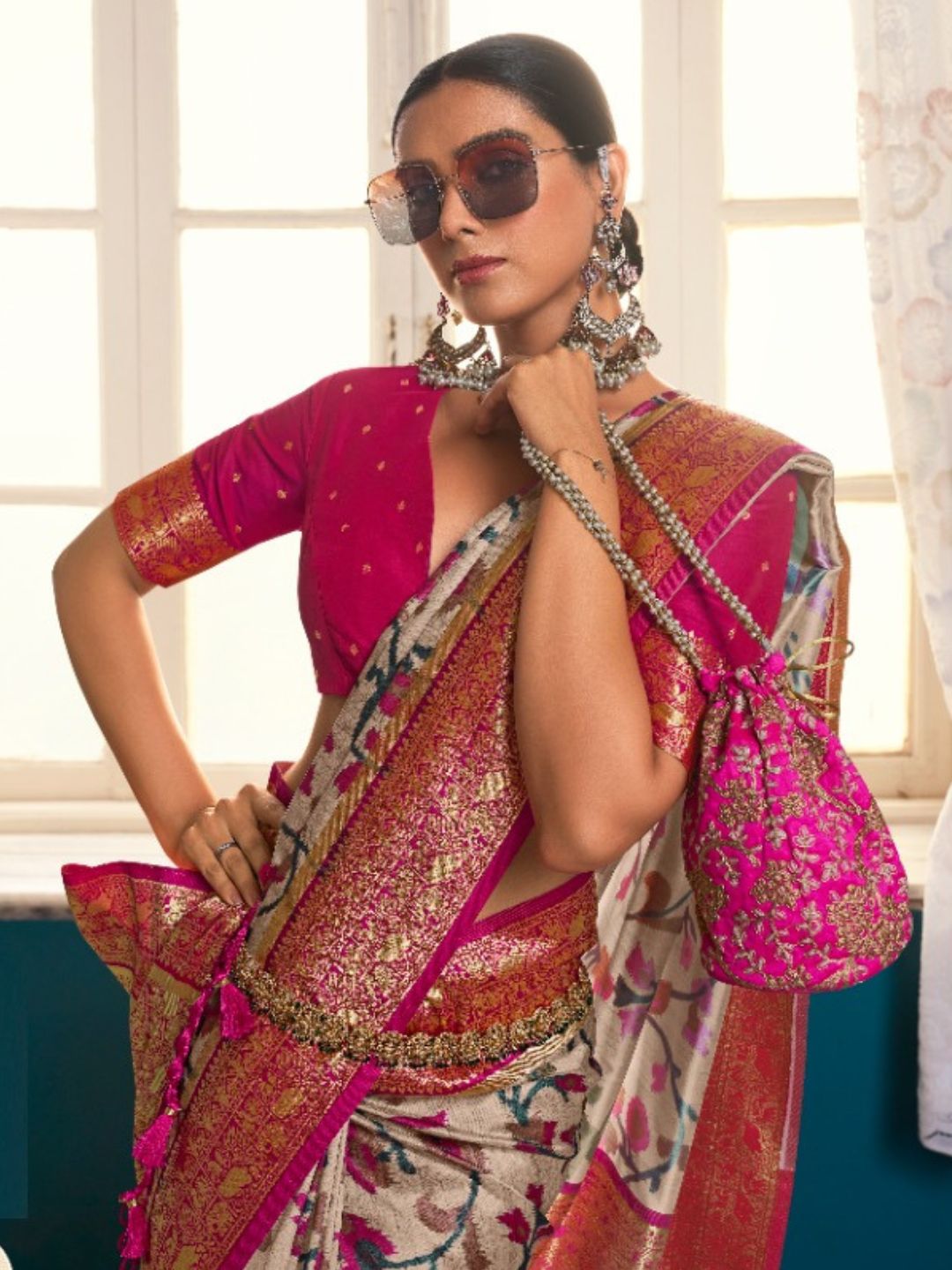 Digital Print Satin Silk Fastive Saree In Cream
