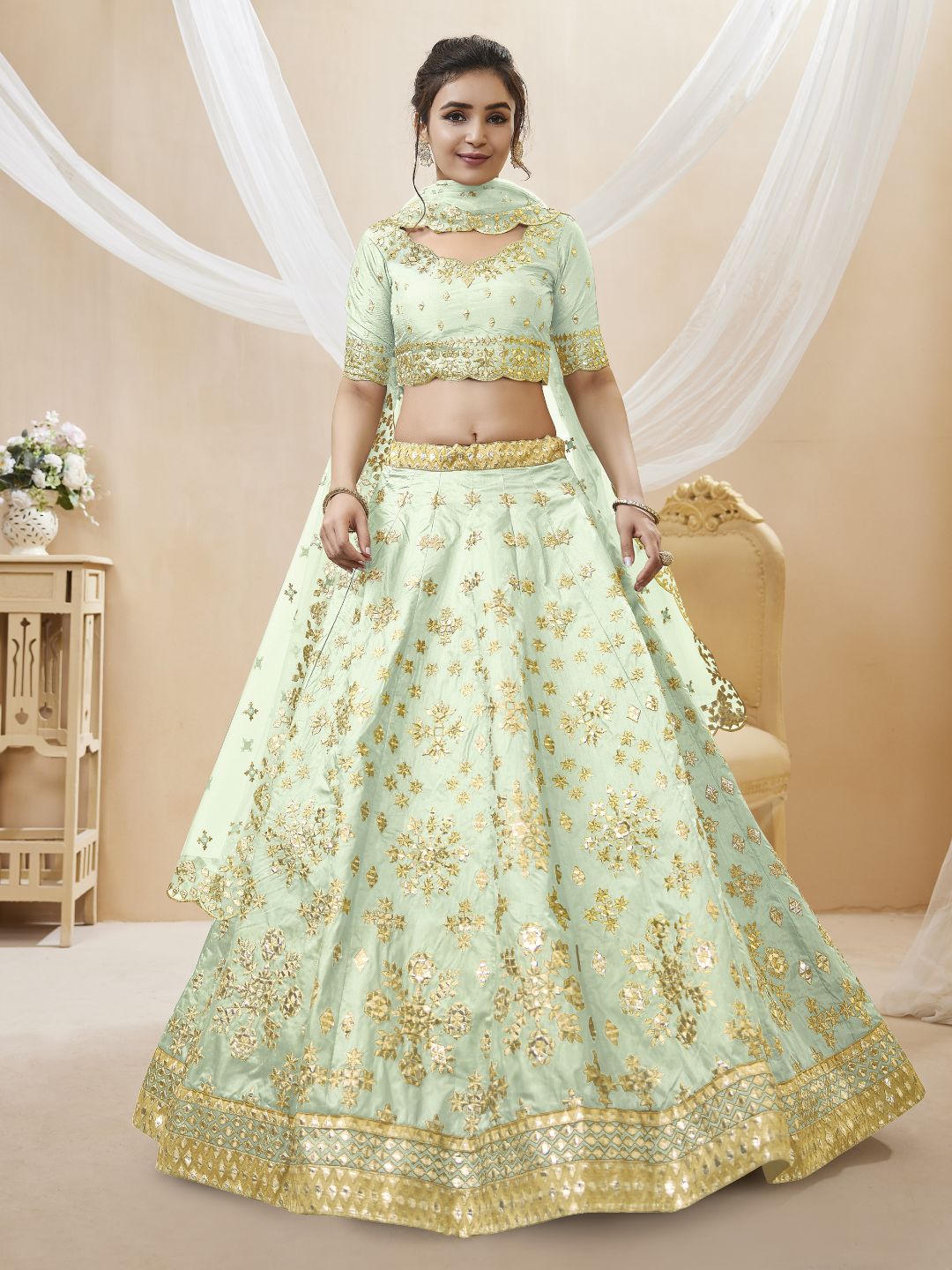 Georgette Bollywood Lehenga in Light Green with Sequins Zari Embroidery Work