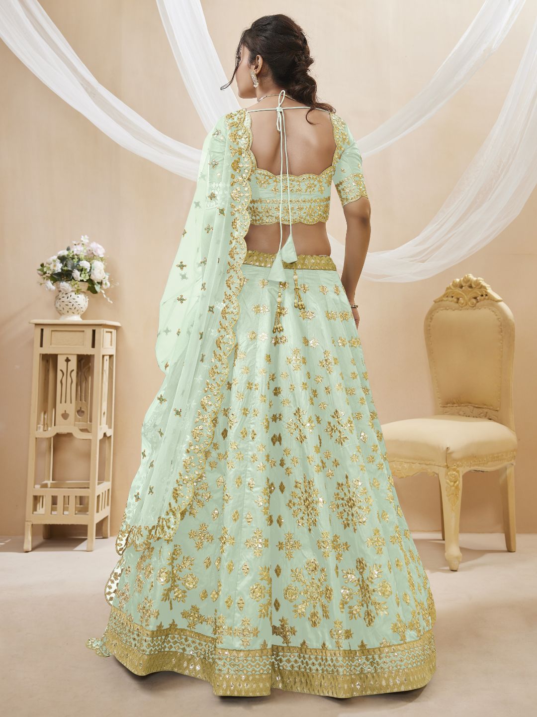 Georgette Bollywood Lehenga in Light Green with Sequins Zari Embroidery Work