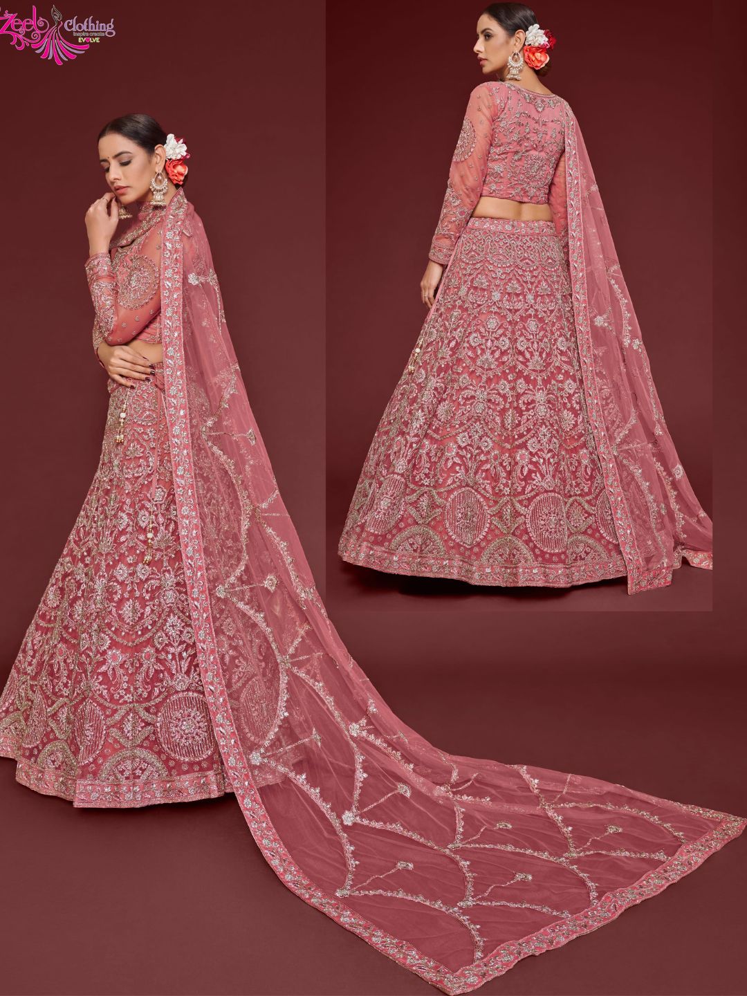 Net Wedding Lehenga in Pink with Zari work-90980